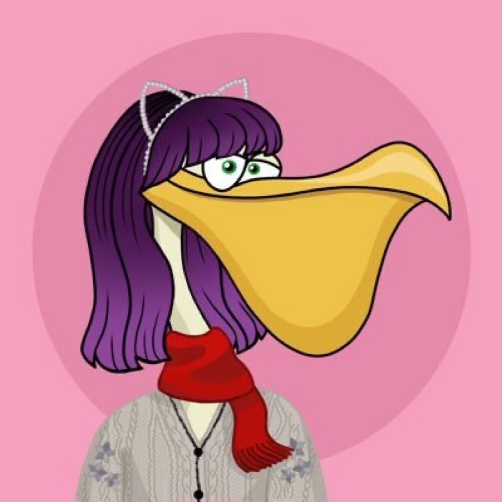 A drawn pelican with purple hair, cat ears, and a folklore cardigan on a rounded pink background